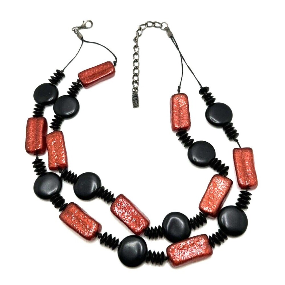 Vintage KIEN Black Copper Glass Bead Necklace Double Strand Choker Statement 16"